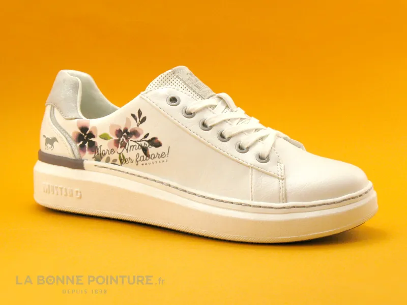 Achat chaussures Mustang Shoes Femme Basket, vente Mustang 1351-305 Blanc - Fleurs - More amore - Basket Femme