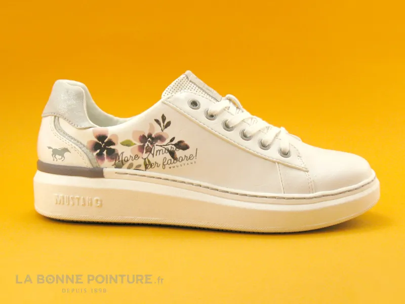 Achat chaussures Mustang Shoes Femme Basket, vente Mustang 1351-305 Blanc - Fleurs - More amore - Basket Femme