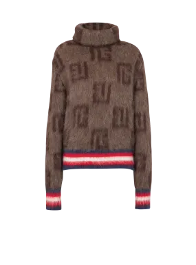 BALMAIN  Pull en mohair brossé à imprimé monogramme - Marron