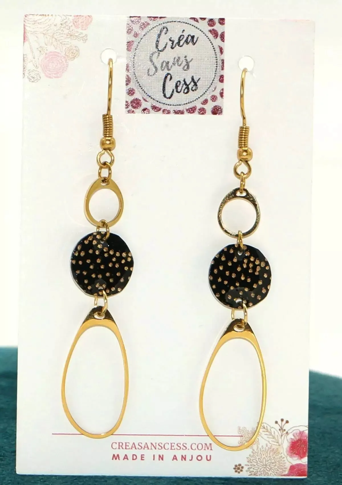 Boucles d'oreilles longues noires à petits pois