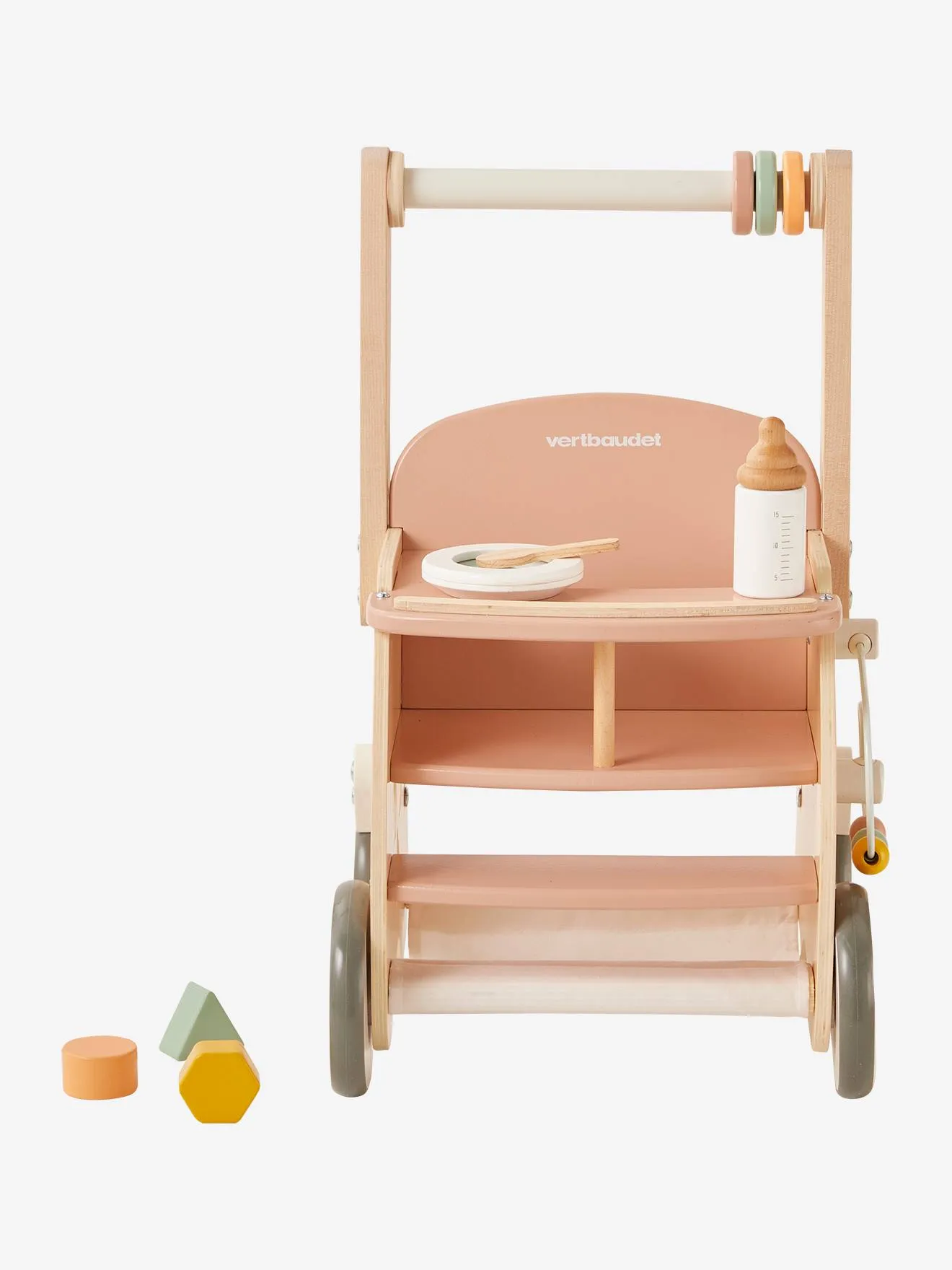 Chariot de marche poussette en bois FSC® rose - Vertbaudet