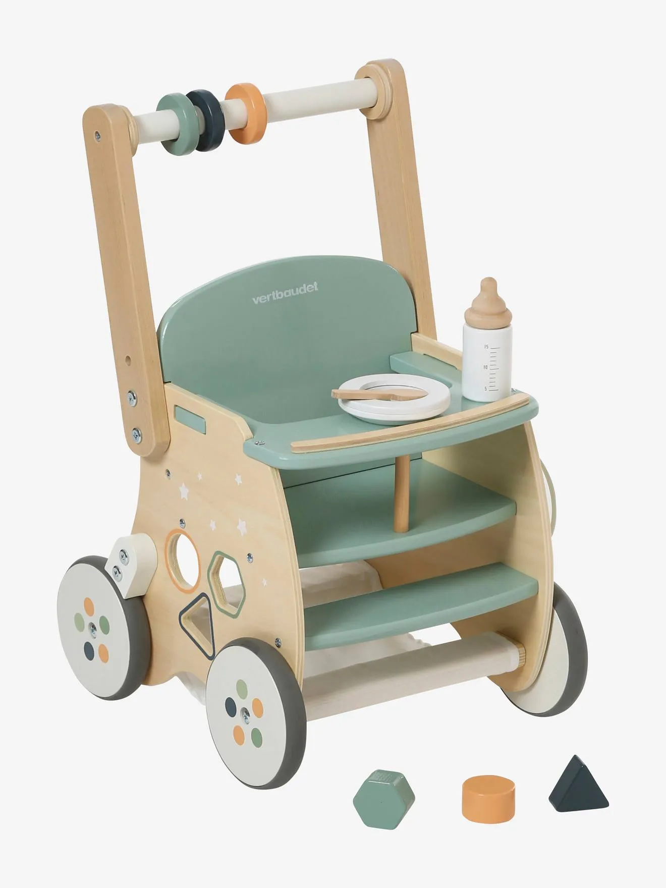 Chariot de marche poussette en bois FSC® rose - Vertbaudet