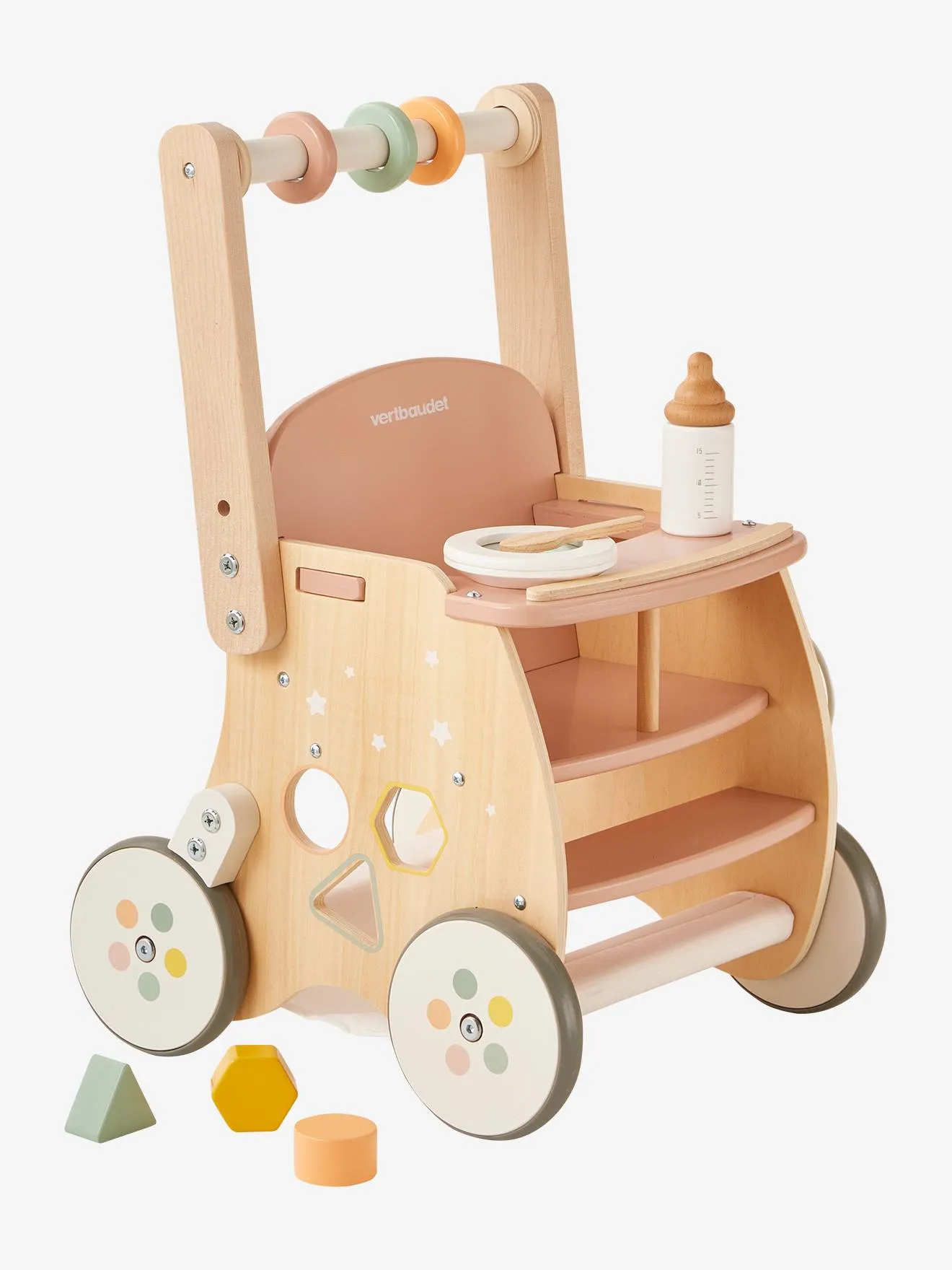 Chariot de marche poussette en bois FSC® rose - Vertbaudet