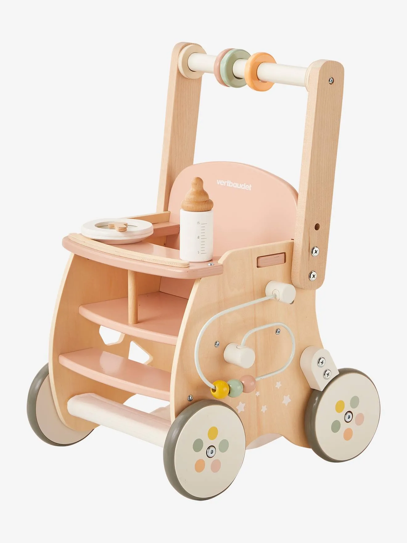 Chariot de marche poussette en bois FSC® rose - Vertbaudet