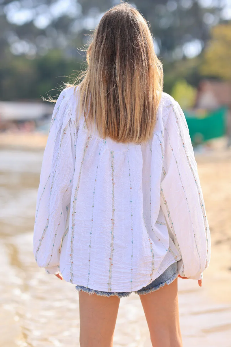 Chemise blanche en coton effet piqué rayures fils gold et multicolores