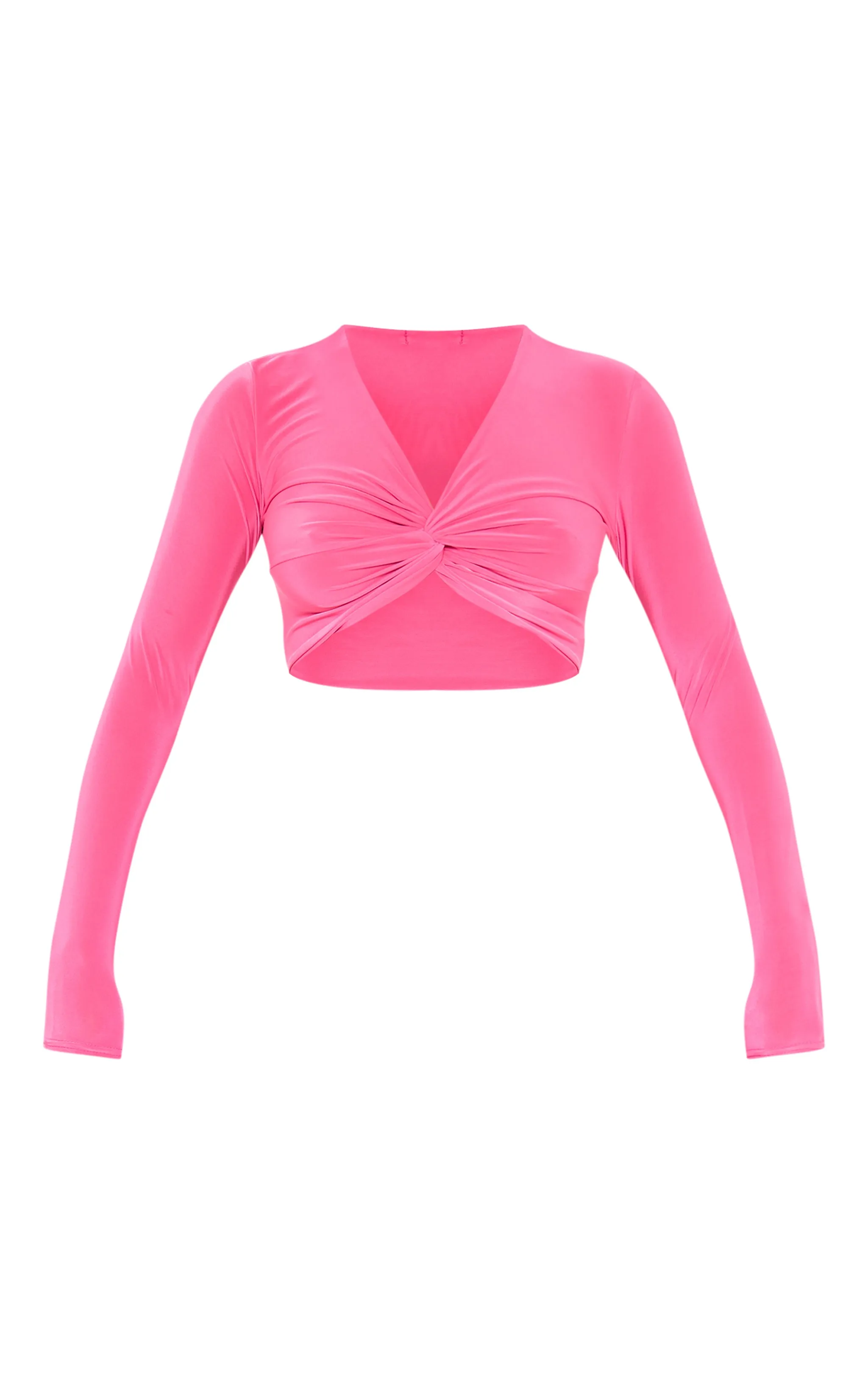 Crop top moulant rose vif torsadé devant à manches longues