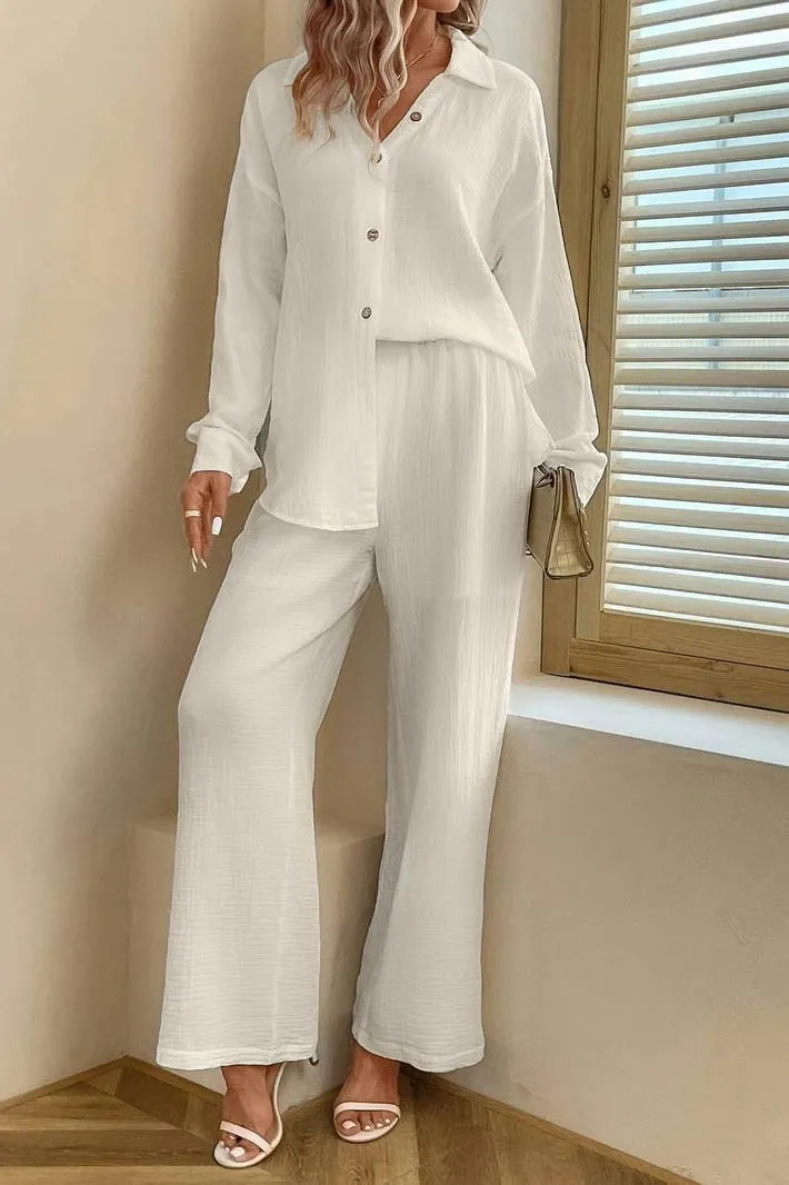 Ensemble chemise et pantalon en lin, blanc