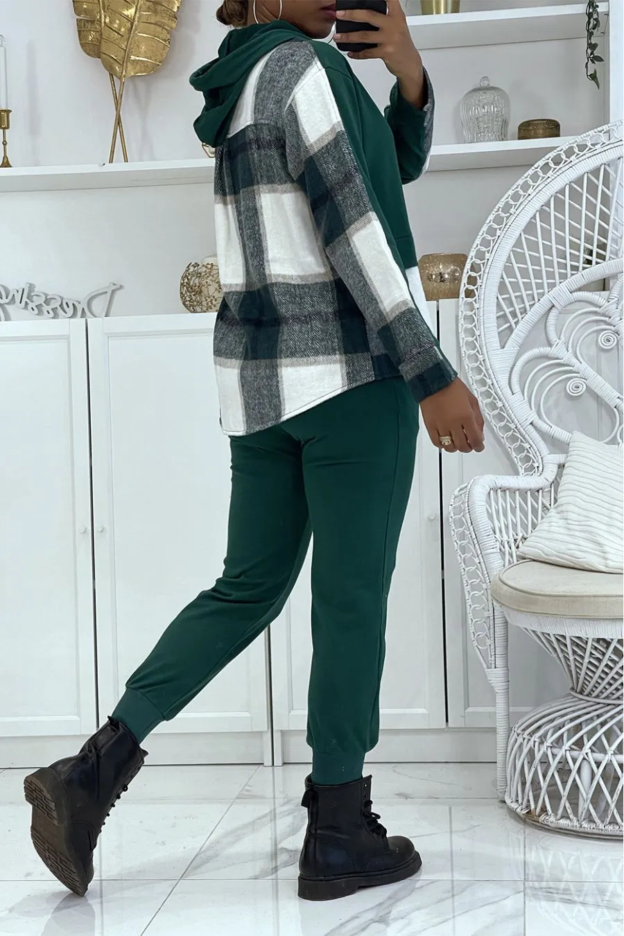 Ensemble de jogging vert canard avec pantalon effet push et sweet 2 en 1 sur chemise à carreaux tendance