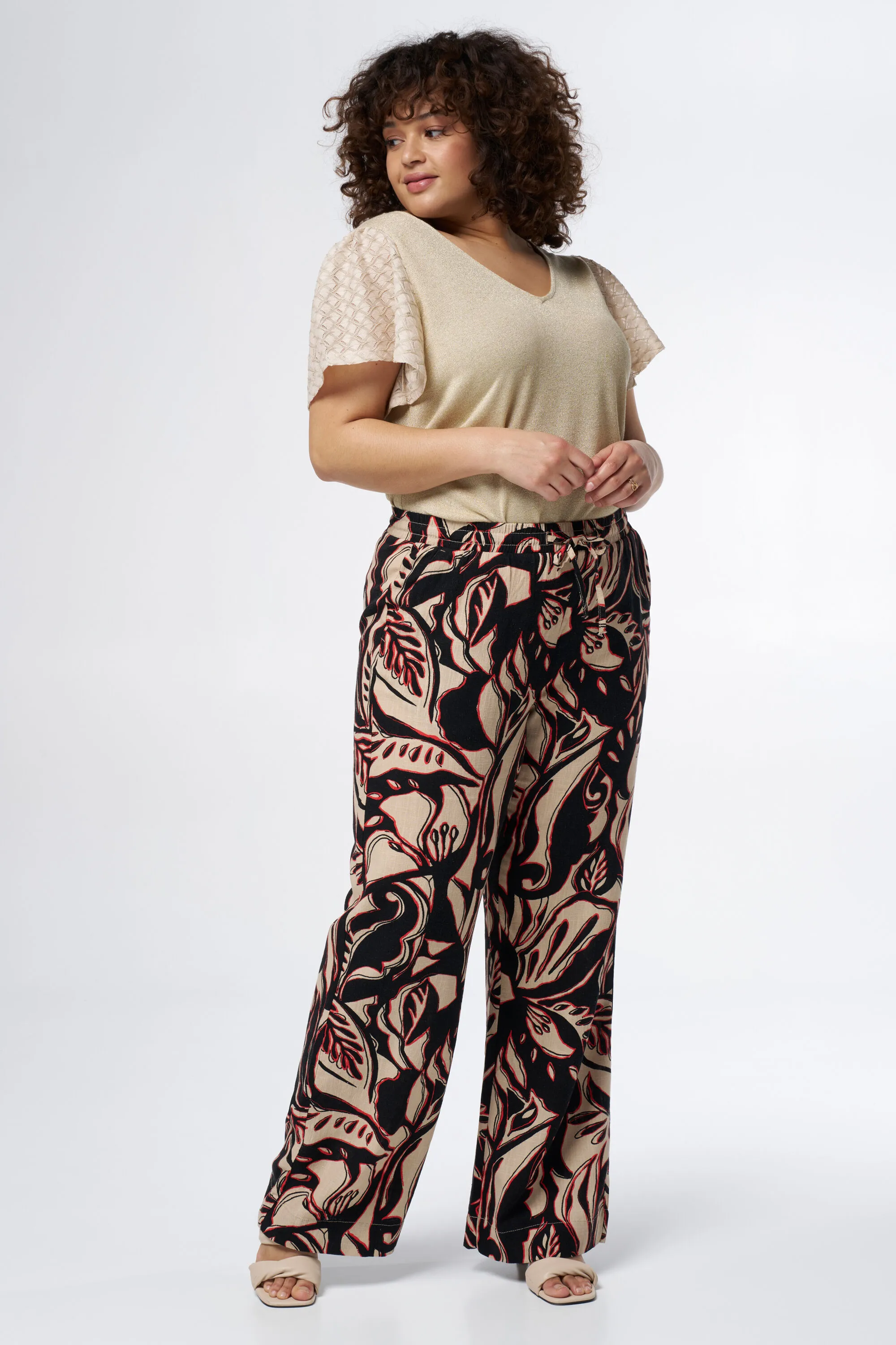 Femmes Pantalon en lin avec taille extensible et imprimé. Multi Malabar-Rouge | MS Mode