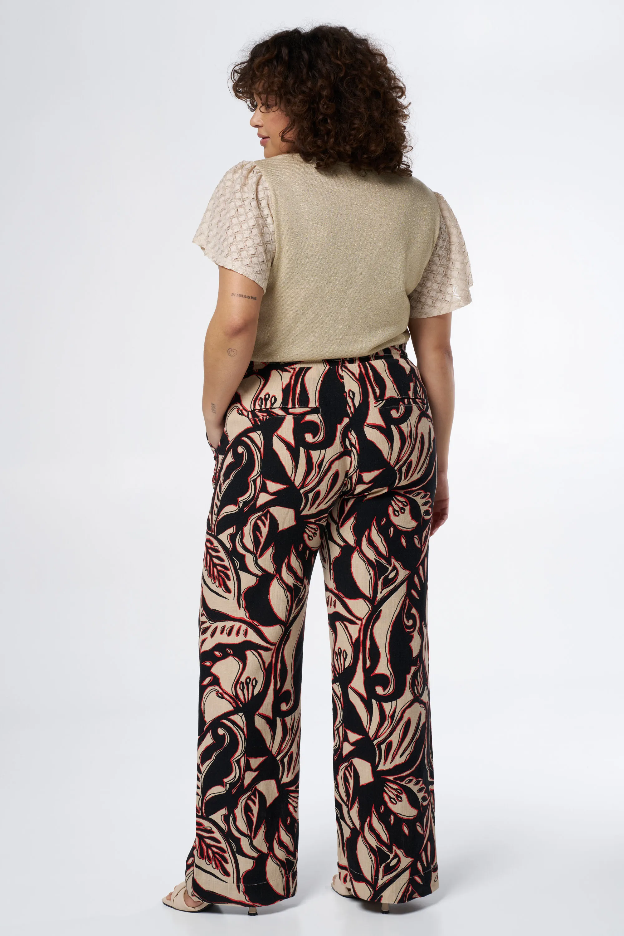 Femmes Pantalon en lin avec taille extensible et imprimé. Multi Malabar-Rouge | MS Mode