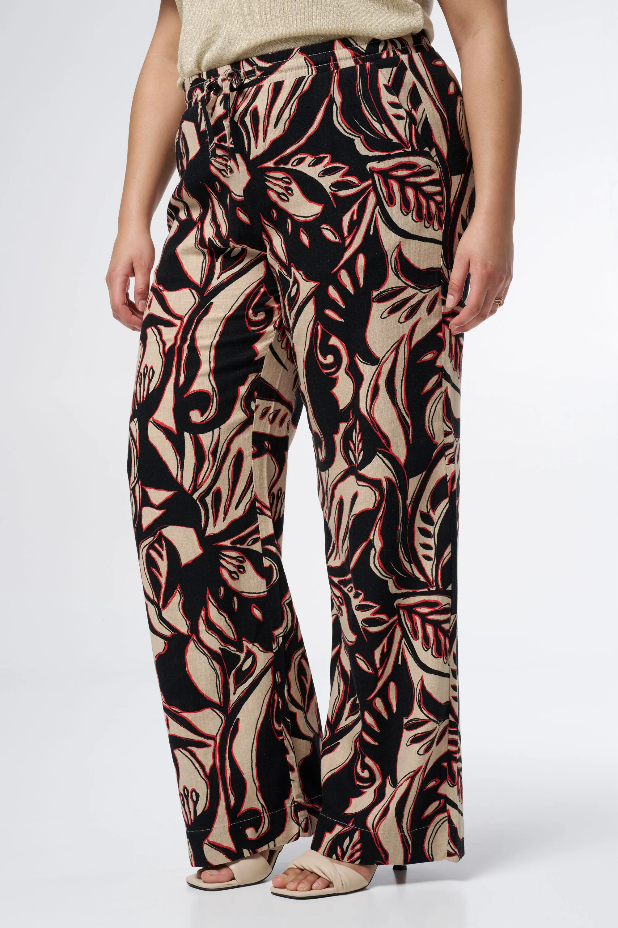 Femmes Pantalon en lin avec taille extensible et imprimé. Multi Malabar-Rouge | MS Mode