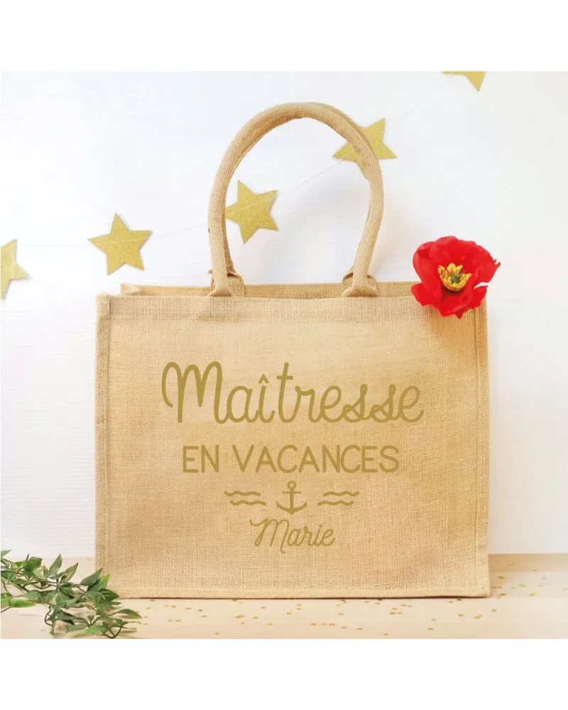 Panier adulte en jute "en vacances" personnalisé prénom