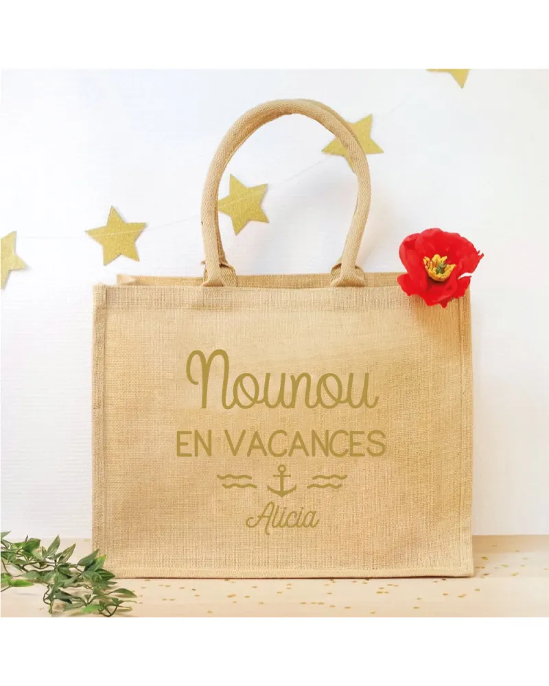 Panier adulte en jute "en vacances" personnalisé prénom