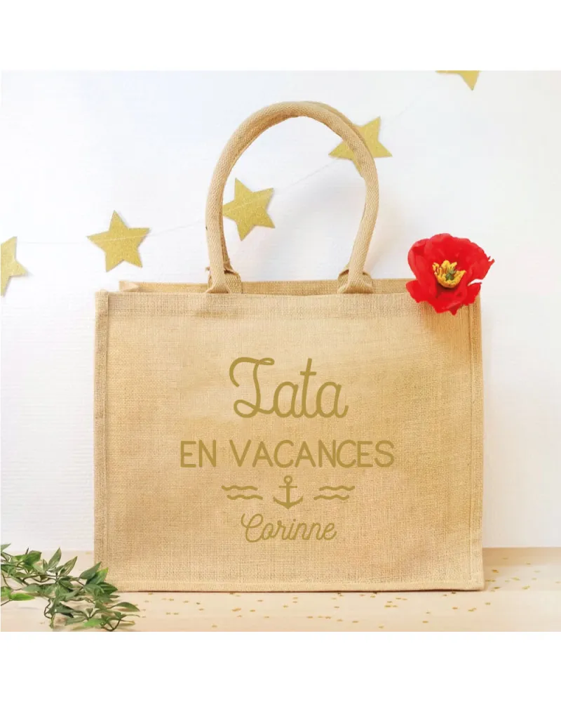 Panier adulte en jute "en vacances" personnalisé prénom