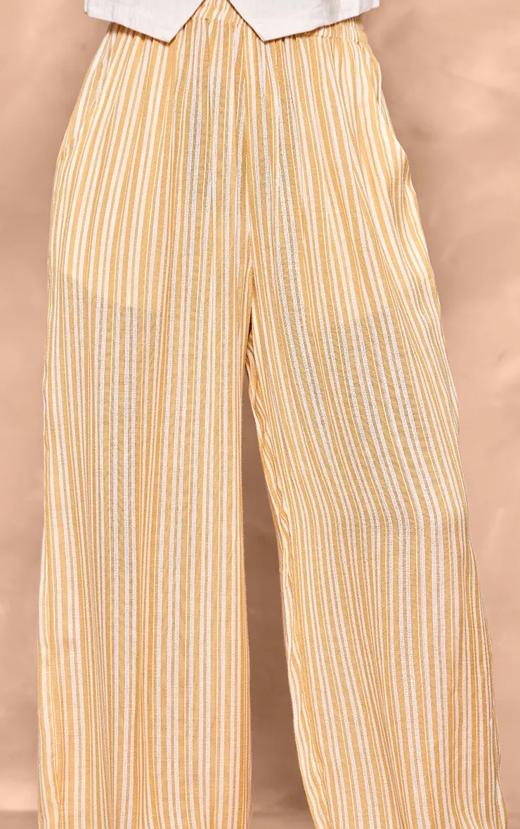 Pantalon en effet lin finement rayé jaune citron à taille élastifiée