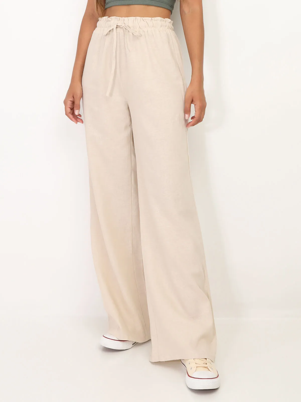 Pantalon en lin large à liens- Beige