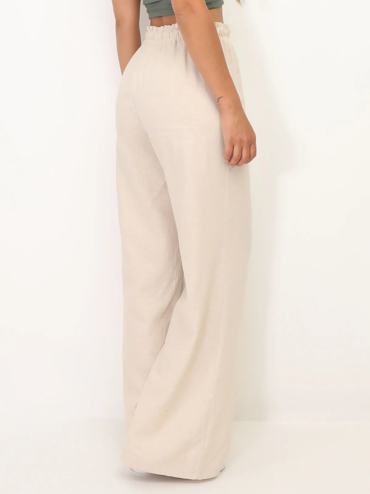 Pantalon en lin large à liens- Beige