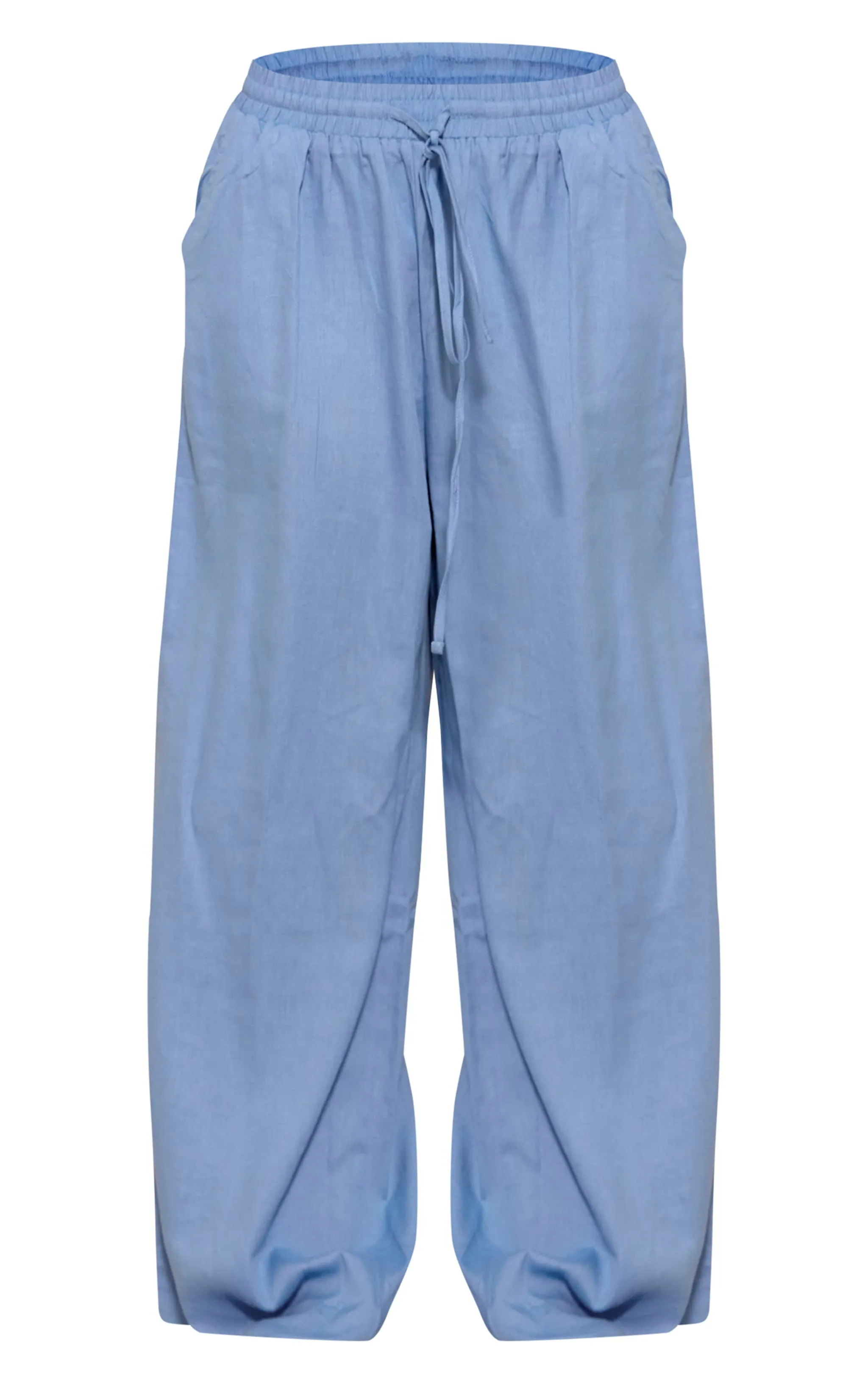 Pantalon large effet lin bleu à cordons ajustables