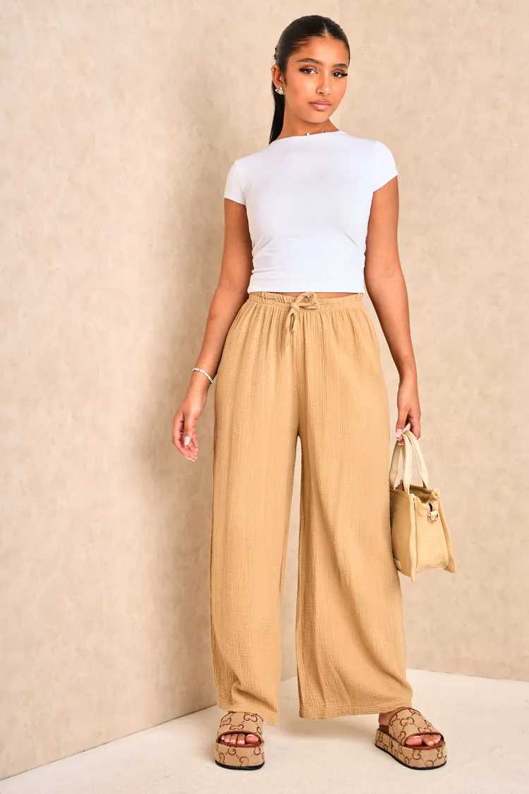 Pantalon large en gaz de coton camel