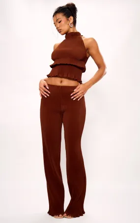 Pantalon large en maille tissée plissée chocolat