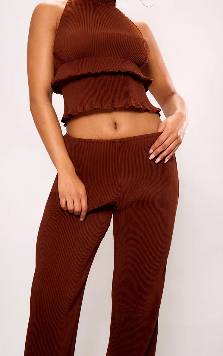 Pantalon large en maille tissée plissée chocolat