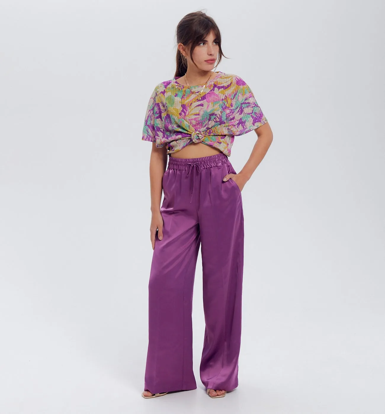 Pantalon large en satin Femme - Violet