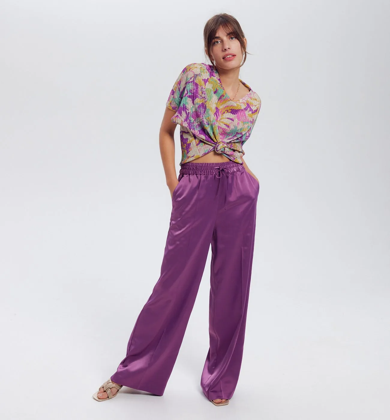 Pantalon large en satin Femme - Violet