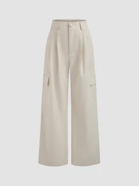 Pantalon large à poches unies et taille mi-haute en lin mélangé