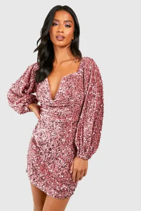 Petite - Robe courte en velours à paillettes et manches ballon