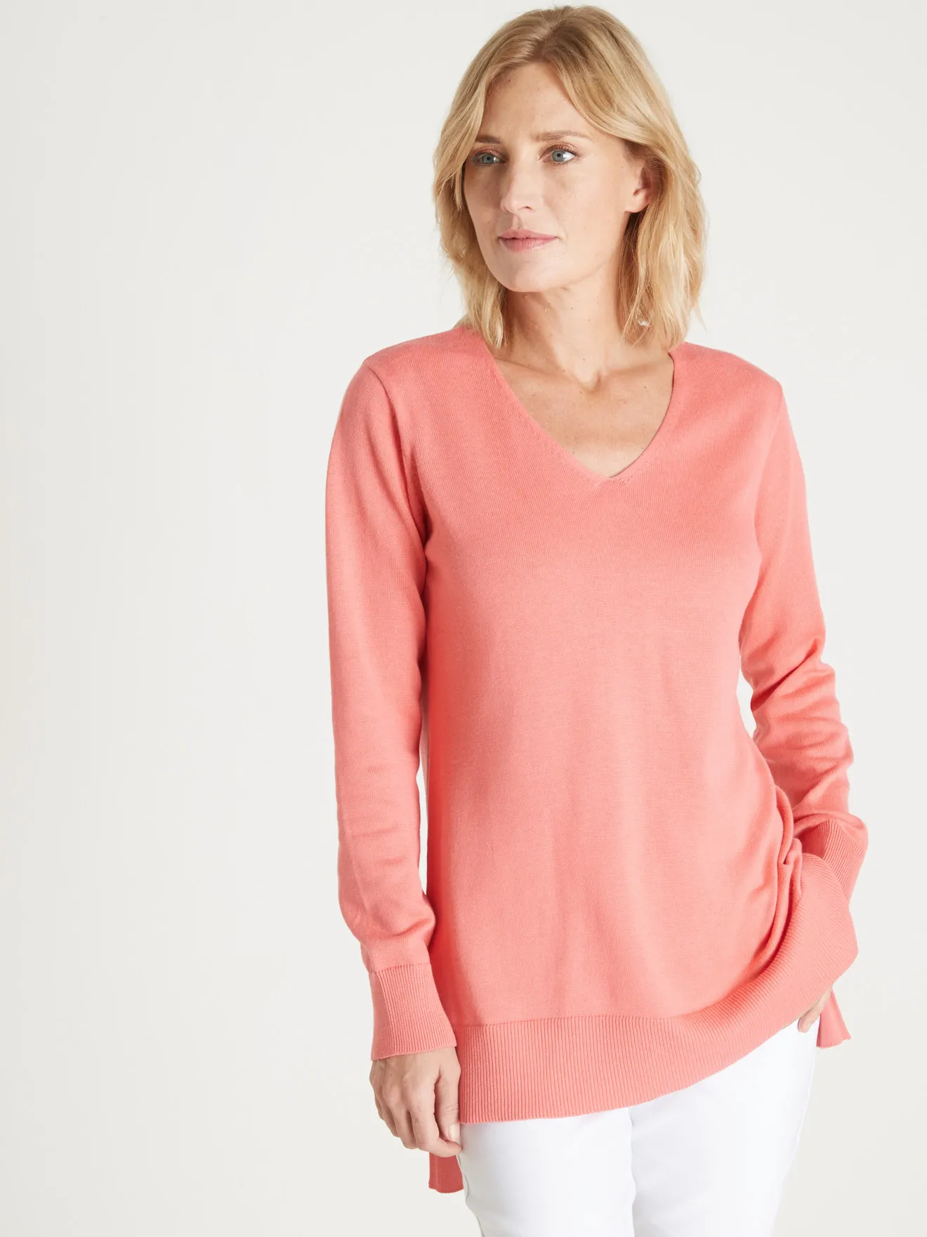 Pull tunique maille fine col V