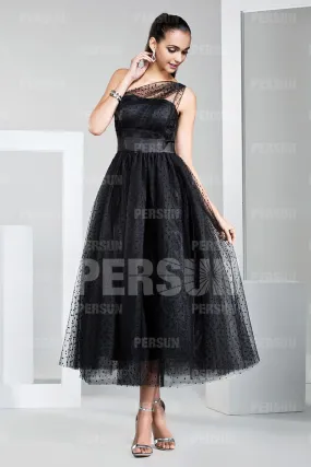 Robe chic noire pour soirée à pois en tulle à épaule asymétrique - Robedesoireelongue.fr