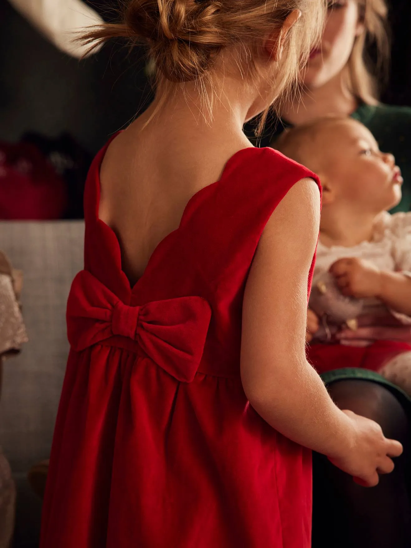 Robe de fête en velours lisse fille noeud au dos rouge - Vertbaudet