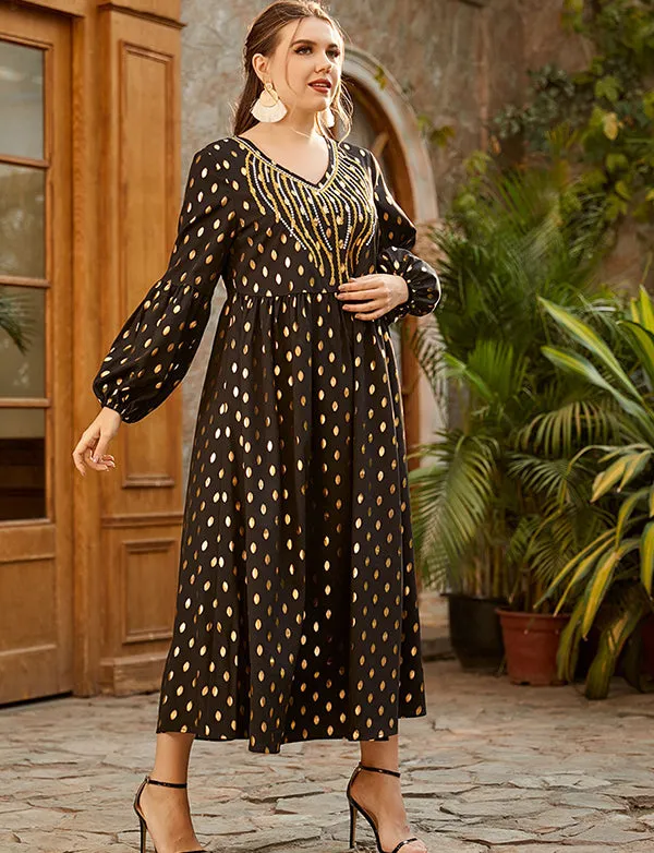 Robe Longue Brodée à Pois Bronze de Grande Taille