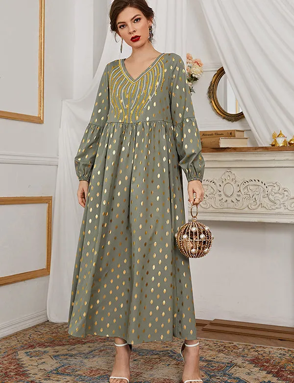 Robe Longue Brodée à Pois Bronze de Grande Taille