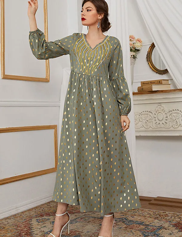 Robe Longue Brodée à Pois Bronze de Grande Taille