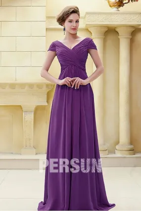 Robe longue violette encolure en V plissée en mousseline - Robedesoireelongue.fr