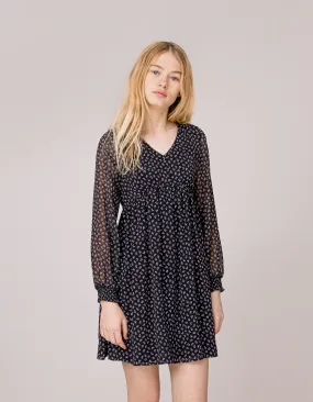 Robe noire imprimé floral micro-pois fille