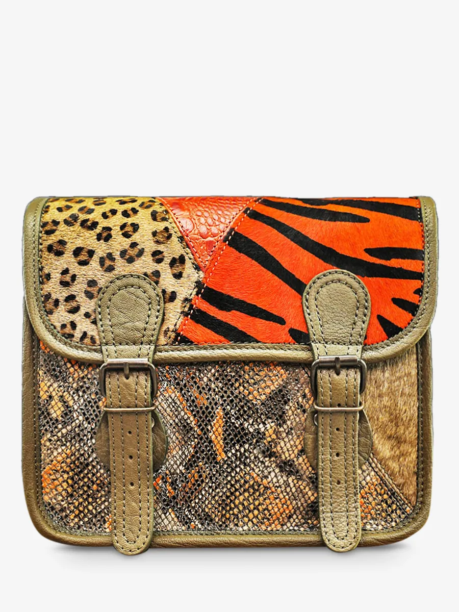 SAC BANDOULIÈRE CUIR FEMME ORANGE,VERT LaSacoche S Chimère - Orange / Kaki