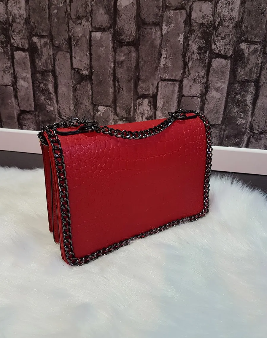 Sac bandoulière effet croco chaine rouge