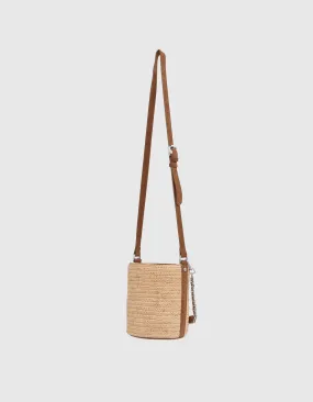 Sac seau 1440 beige raphia et cuir matelassé Femme