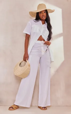 Tall Pantalon cargo large effet lin blanc à taille haute