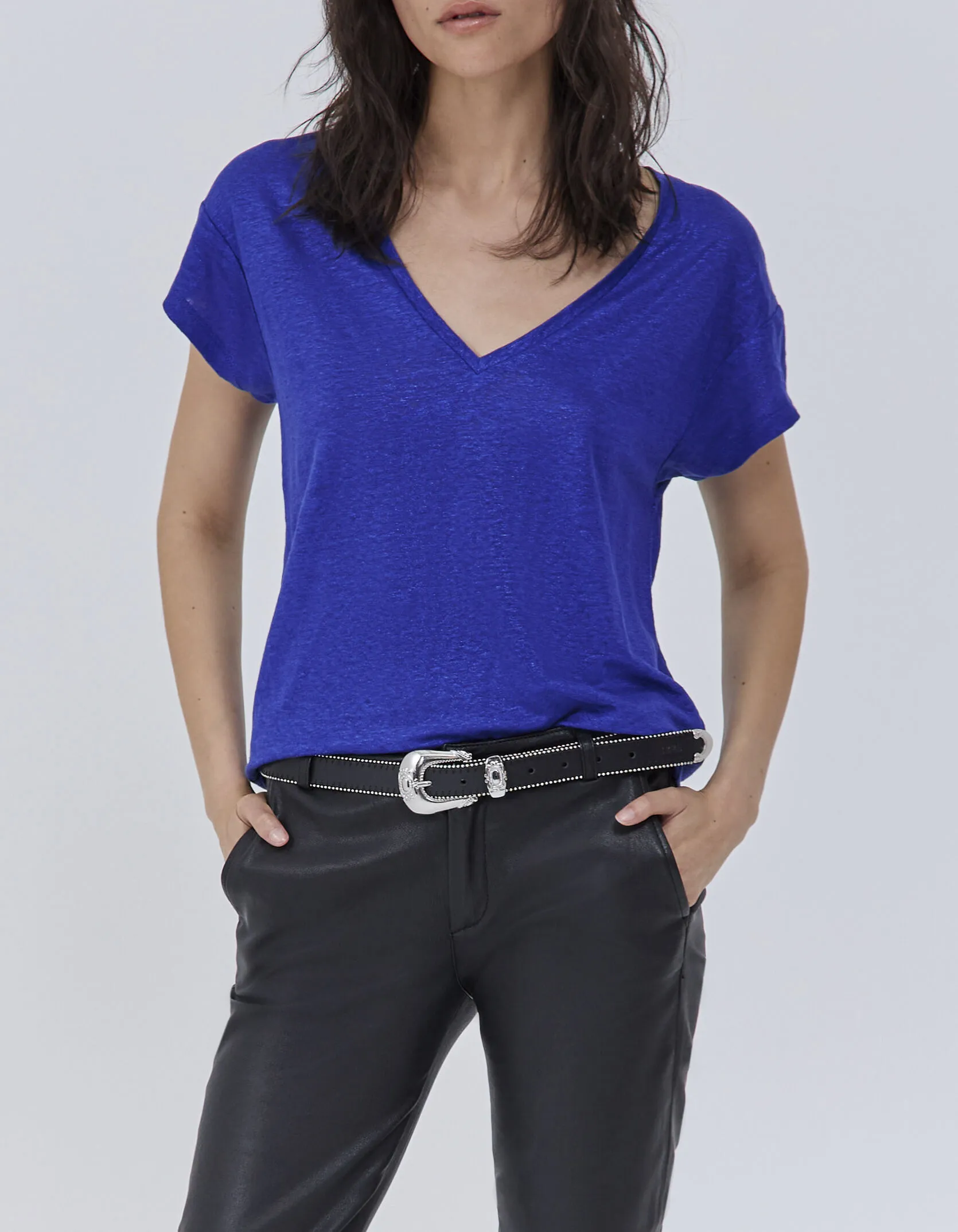 Tee-shirt bleu en maille de lin foil Femme