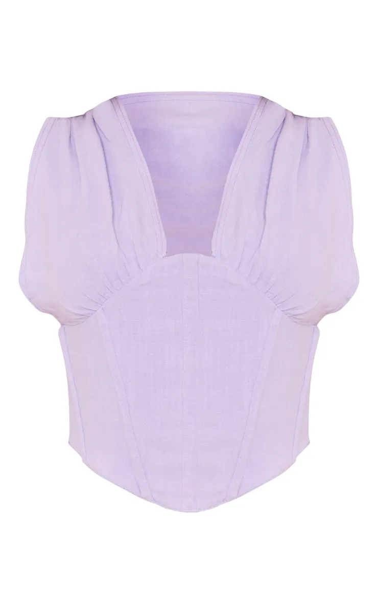 Top corset en effet lin lilas à buste froncé