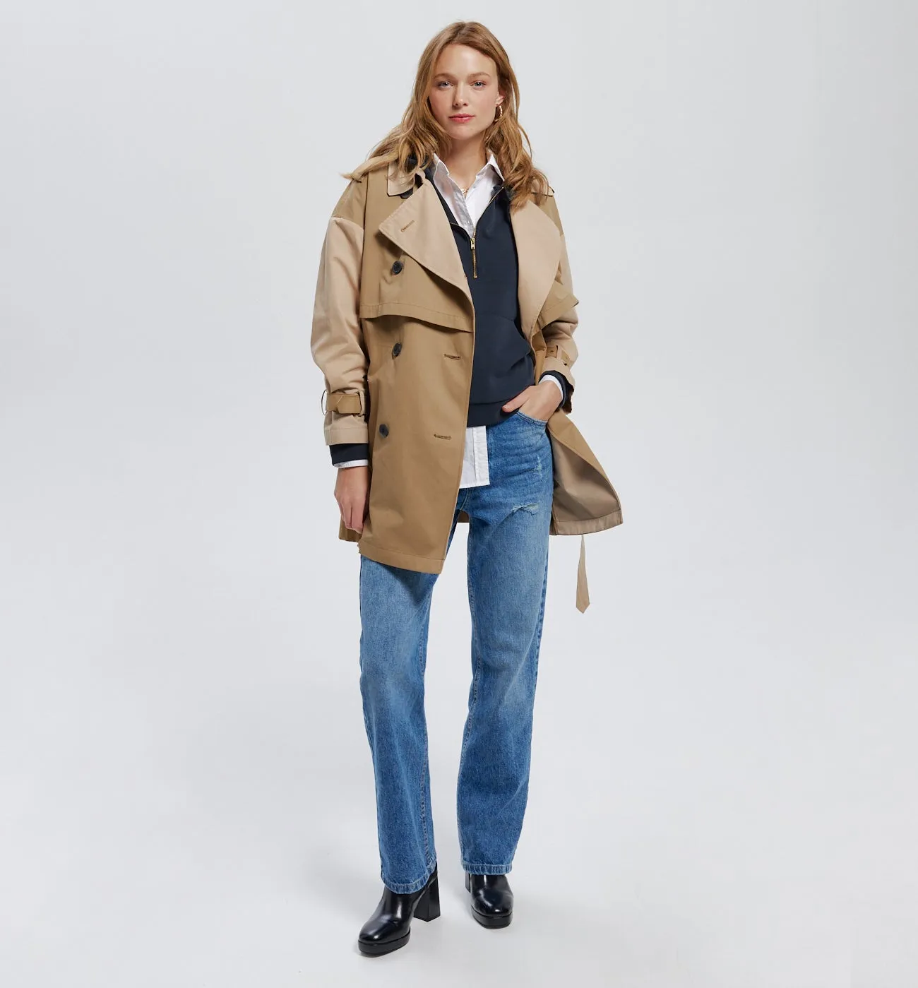 Trench court bicolore Femme - Beige