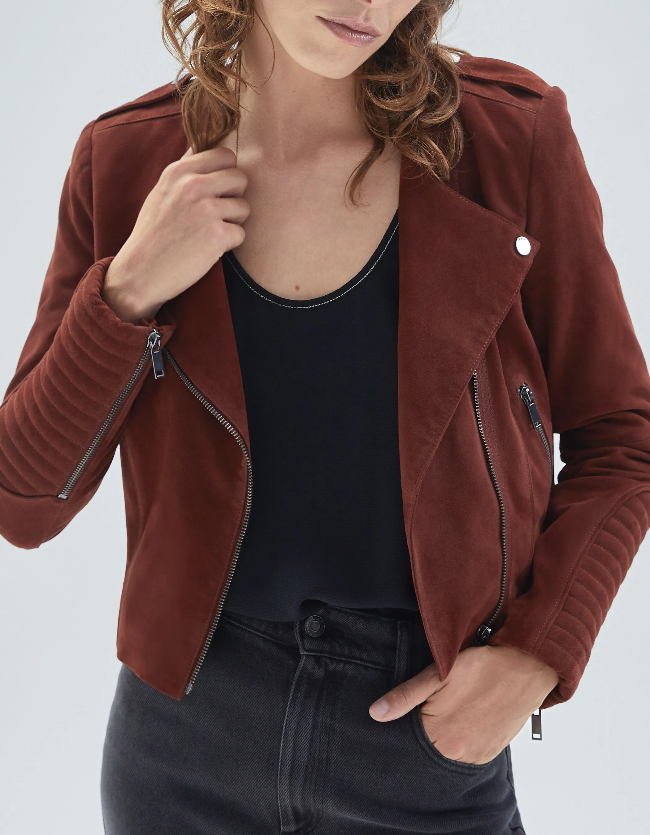 Veste tomette en cuir velours esprit motard Femme